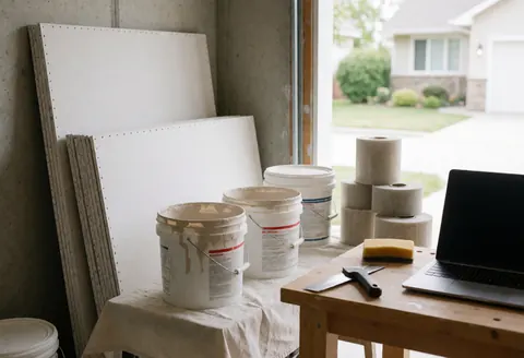 Drywall sheets and putty containers on a workbench in a well-lit garage workshop for wall repair.