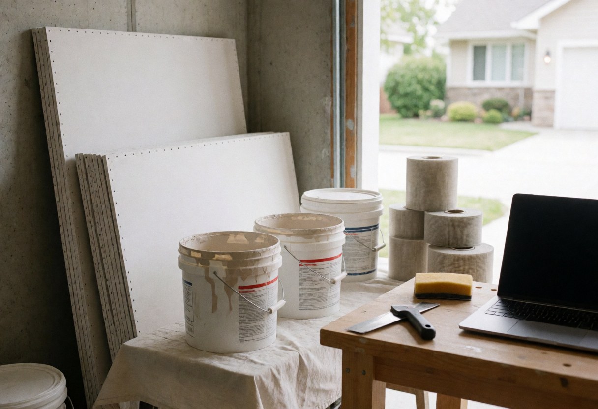 Drywall sheets and putty containers on a workbench in a well-lit garage workshop for wall repair.
