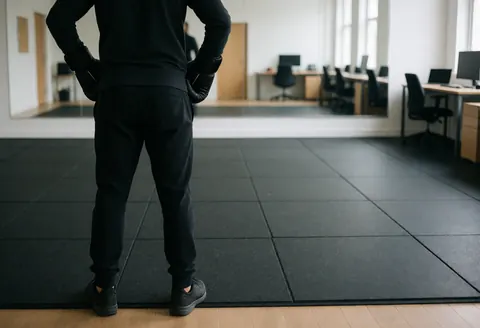 Back view of a boxing instructor wearing rubber mesh gloves standing in front of mirrors in a modern gym.