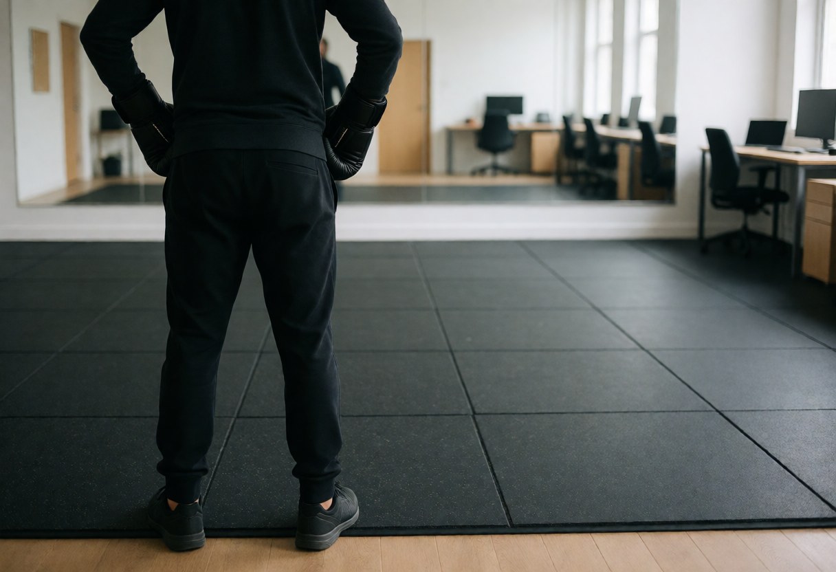 Back view of a boxing instructor wearing rubber mesh gloves standing in front of mirrors in a modern gym.