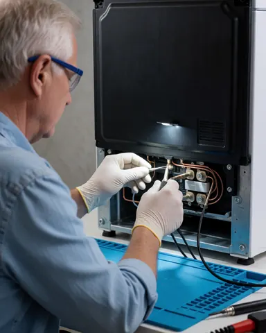 Technician wearing gloves and safety glasses repairing a refrigerator with tools on a blue mat under bright LED light