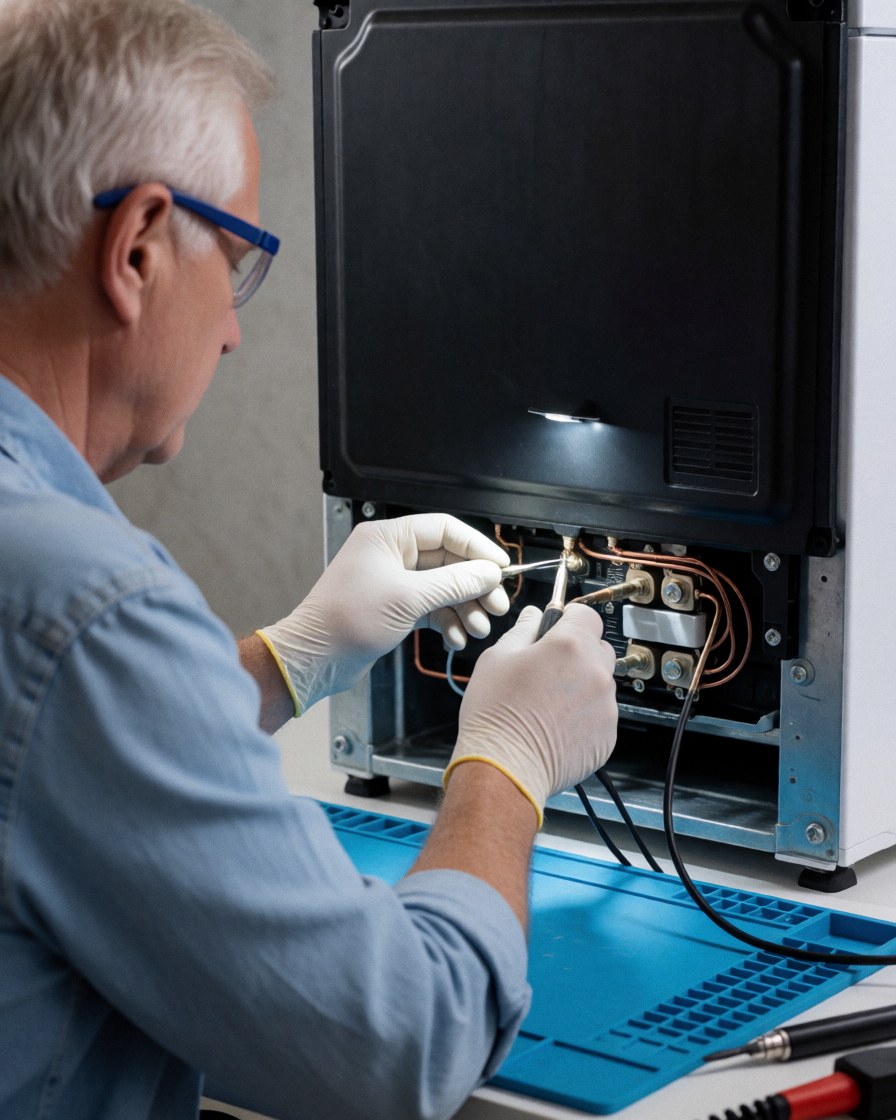 Technician wearing gloves and safety glasses repairing a refrigerator with tools on a blue mat under bright LED light