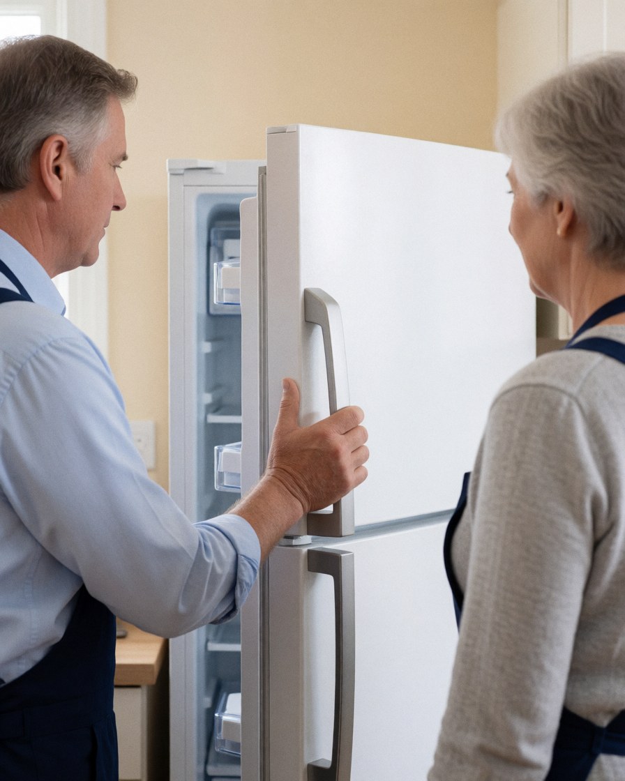 Technician and client inspecting a new white refrigerator in a clean kitchen with beige walls.
