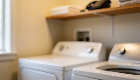 White dryer in a laundry room with wooden shelf and beige wall, ideal for appliance repair services