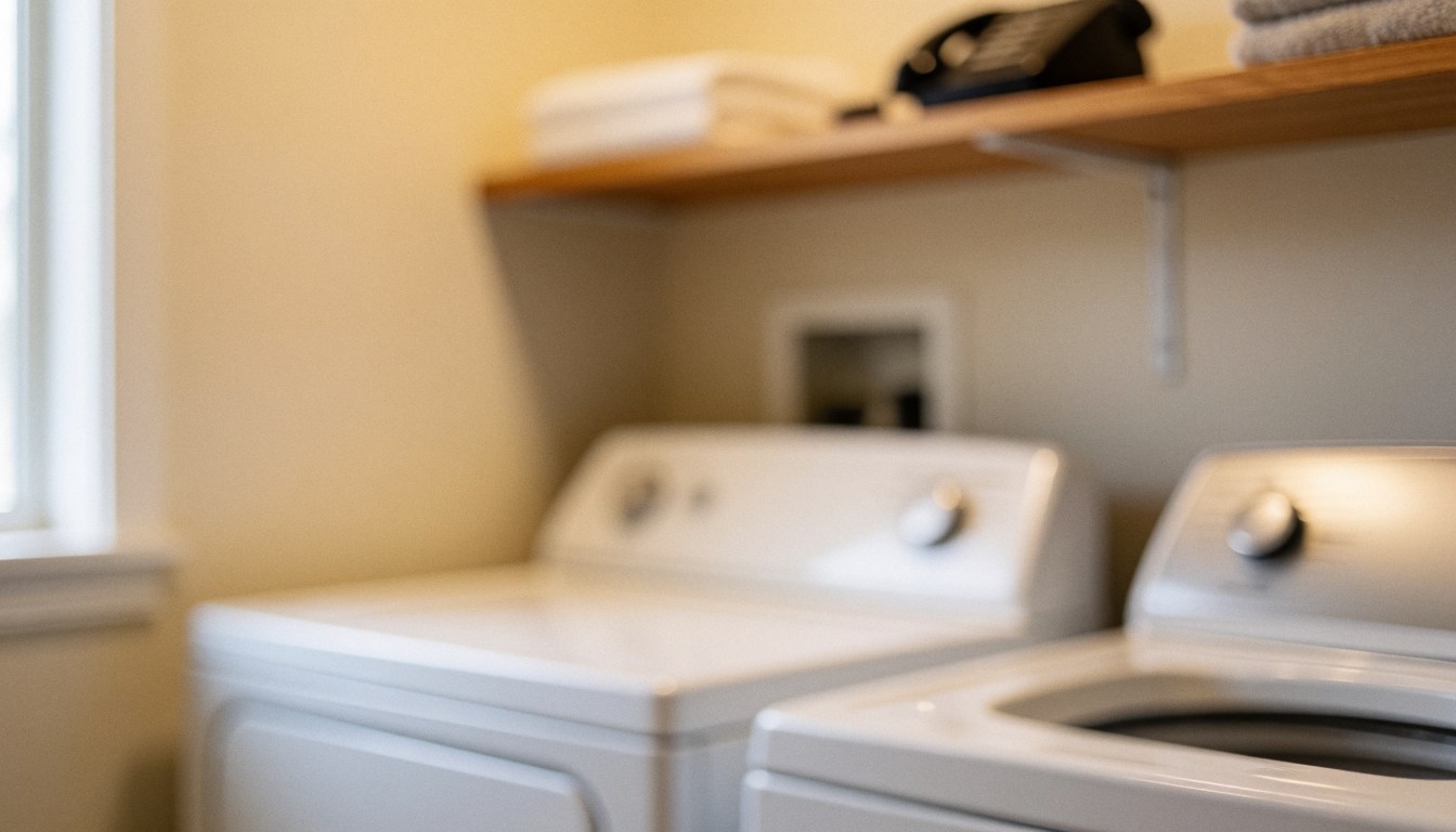 White dryer in a laundry room with wooden shelf and beige wall, ideal for appliance repair services