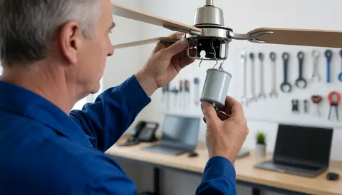 Technician installing a new capacitor in a ceiling fan with tools hanging on the wall of a clean workshop.