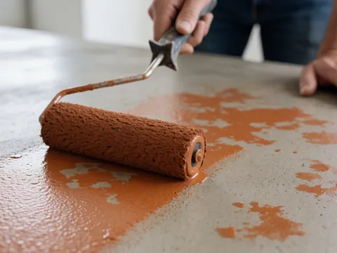Close-up of a paint roller applying reddish brown decorative paint on a concrete surface