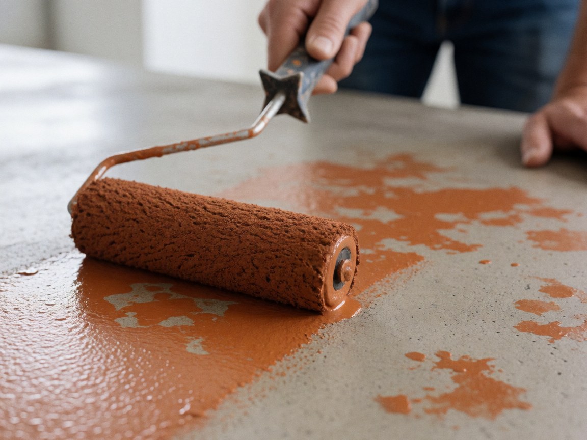 Close-up of a paint roller applying reddish brown decorative paint on a concrete surface