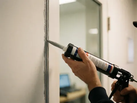 A hand applies gray sealant to a white glass window frame, showing the detail of window repair work.