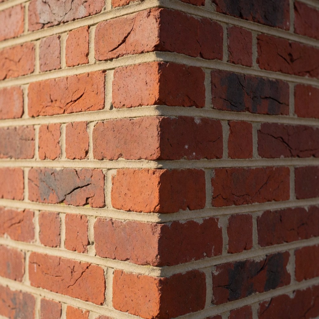 Detailed view of a red brick wall featuring well-applied mortar and a vertical corner illuminated by sunlight, suitable for masonry business use.