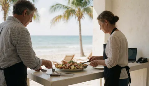 Two people serving a grilled seafood platter on a white table with ocean and palm trees in the background at a beach restaurant.
