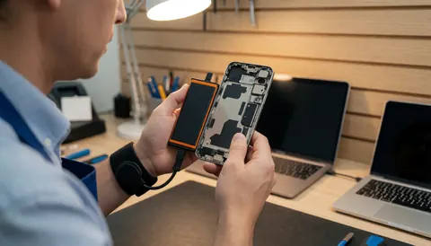 Technician holding a new smartphone battery in front of an empty phone chassis in a repair workshop with wooden walls and warm lighting