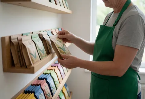 A professional wearing a green apron selects a seed packet in a store with wooden shelves and natural light.