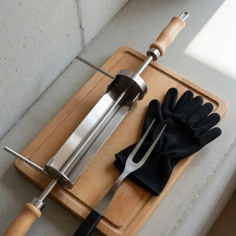 Stainless steel grill with gloves and fork on a wooden board, ideal for camping and outdoor barbecues