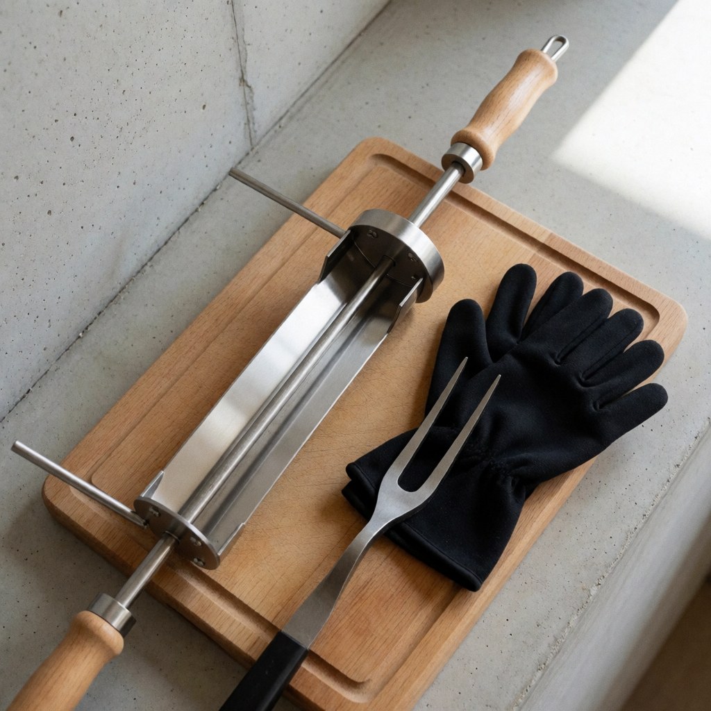 Stainless steel grill with gloves and fork on a wooden board, ideal for camping and outdoor barbecues