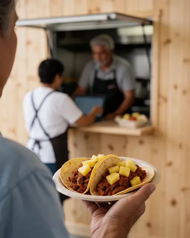 A customer receives two tacos al pastor with pineapple from a food truck, wooden walls, and staff attending to the customer.