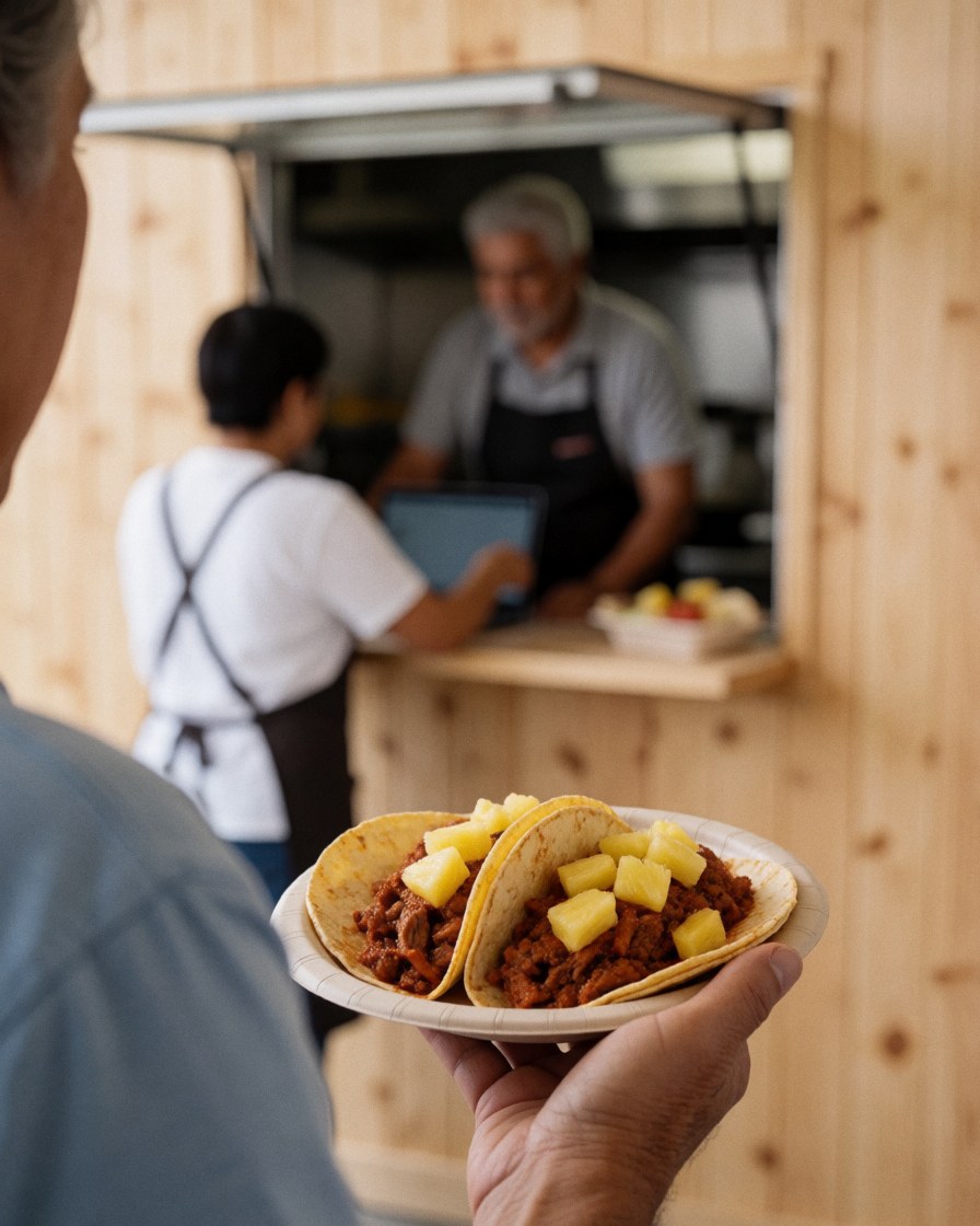 A customer receives two tacos al pastor with pineapple from a food truck, wooden walls, and staff attending to the customer.