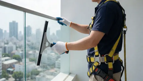 A worker wearing a safety harness and gloves uses a squeegee to clean balcony glass with a city skyline in the background.