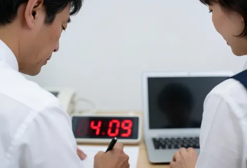 Two adults working at a desk with a red digital clock and laptop, showing a professional work scene.