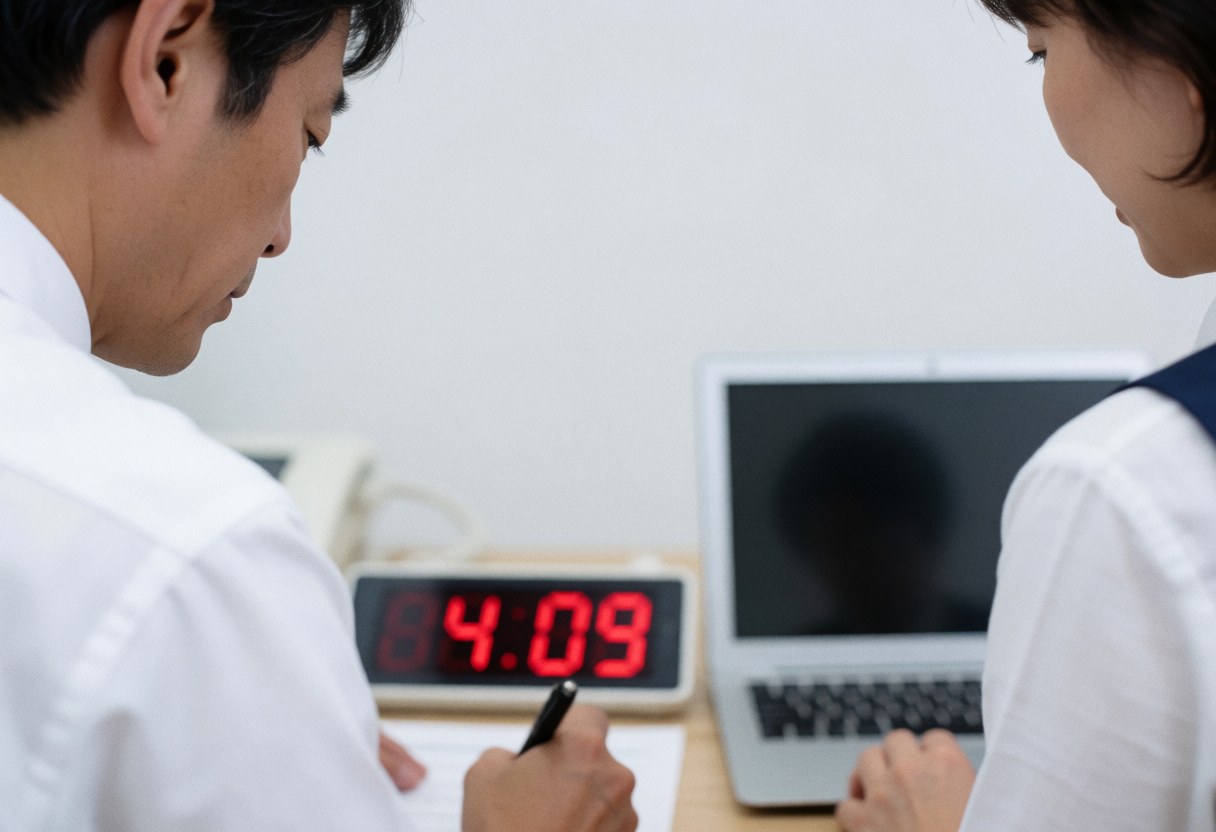Two adults working at a desk with a red digital clock and laptop, showing a professional work scene.