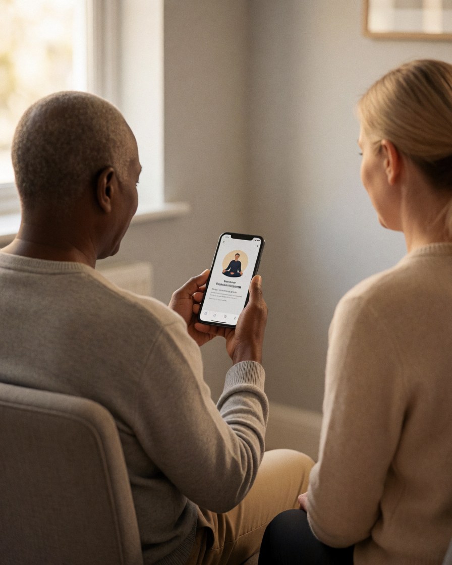 A relaxed customer sitting in a chair using a smartphone with a hypnotherapy app in a calm room with natural light and gray walls