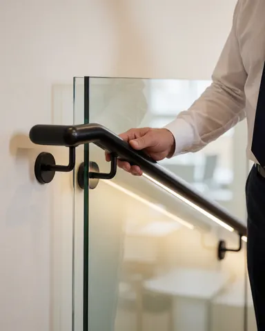 Close-up of a hand touching a newly installed black steel railing in a modern interior with glass and white walls