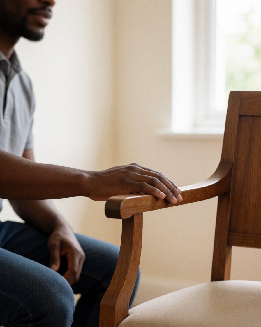Close-up of a hand touching the armrest of a restored wooden chair in a furniture repair workshop with natural light and white walls.