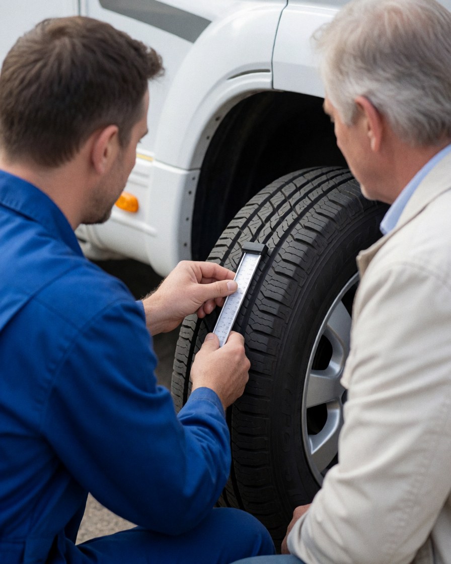 A mechanic in a blue uniform uses a gauge to measure the tread depth of a tire on a white camper van.