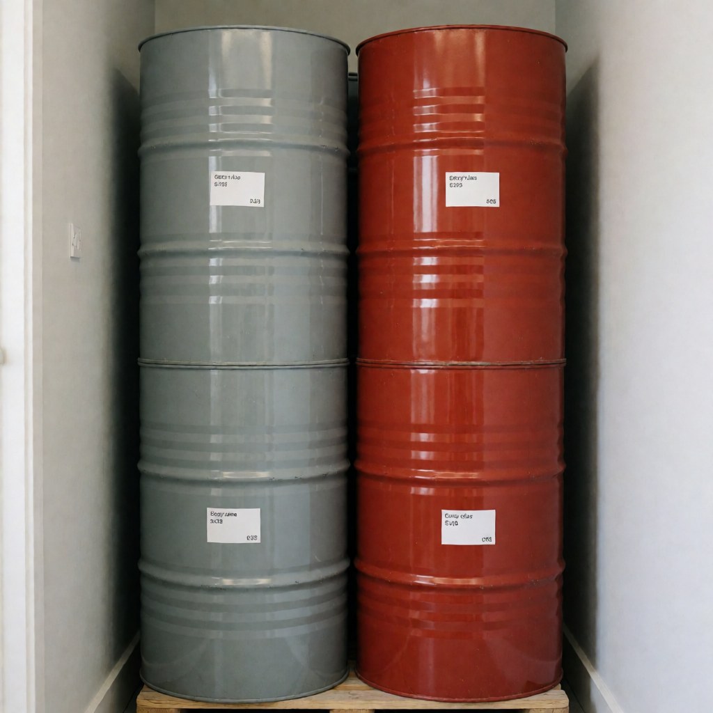 Gray and red oxide epoxy paint barrels stacked on a wooden pallet with color code labels in an industrial warehouse setting