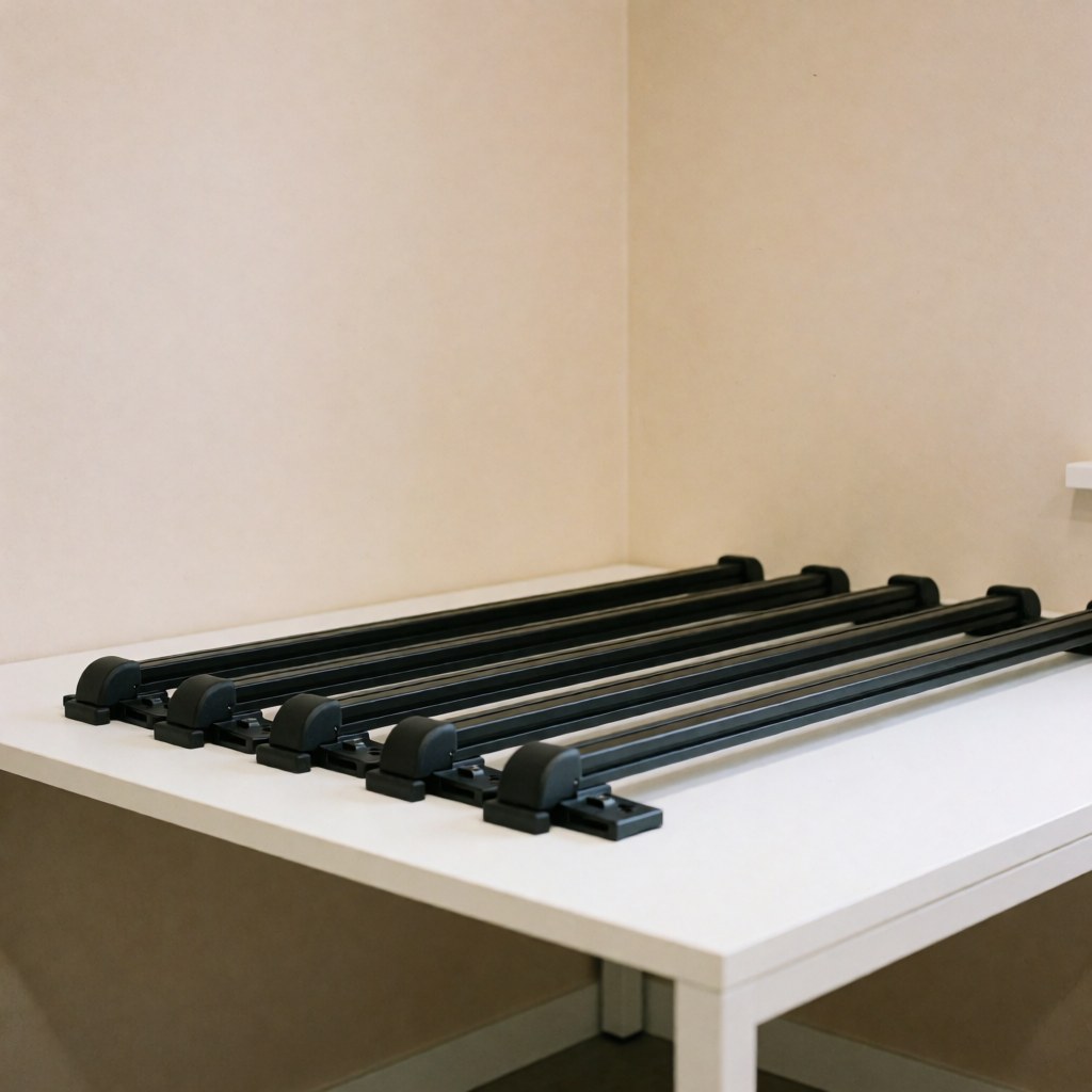 Black roof rack bars with mounting brackets displayed on a white table against beige walls with soft professional lighting