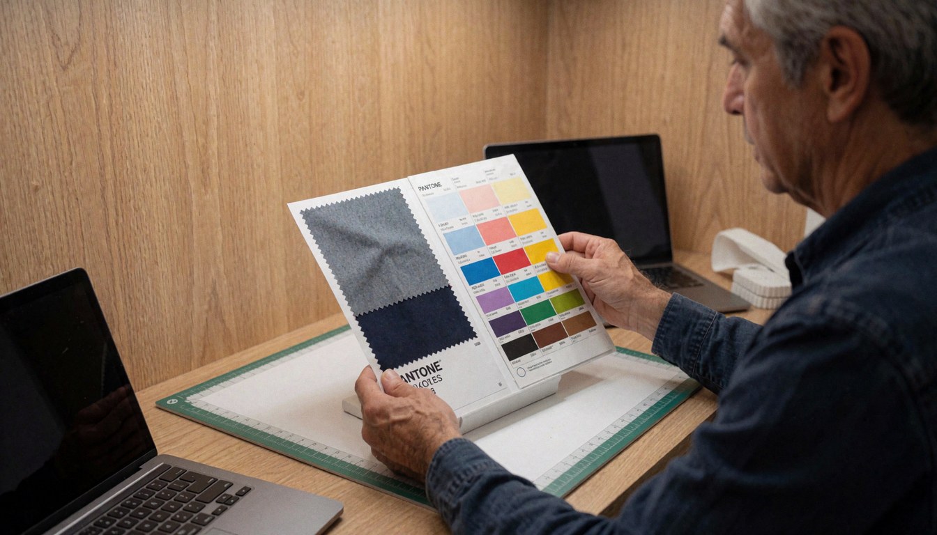 A professional examines Pantone color swatches and fabric samples in an office setting for textile printing design purposes.