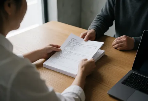 Close-up of hands exchanging official documents on a wooden desk in an office setting for a driving school service