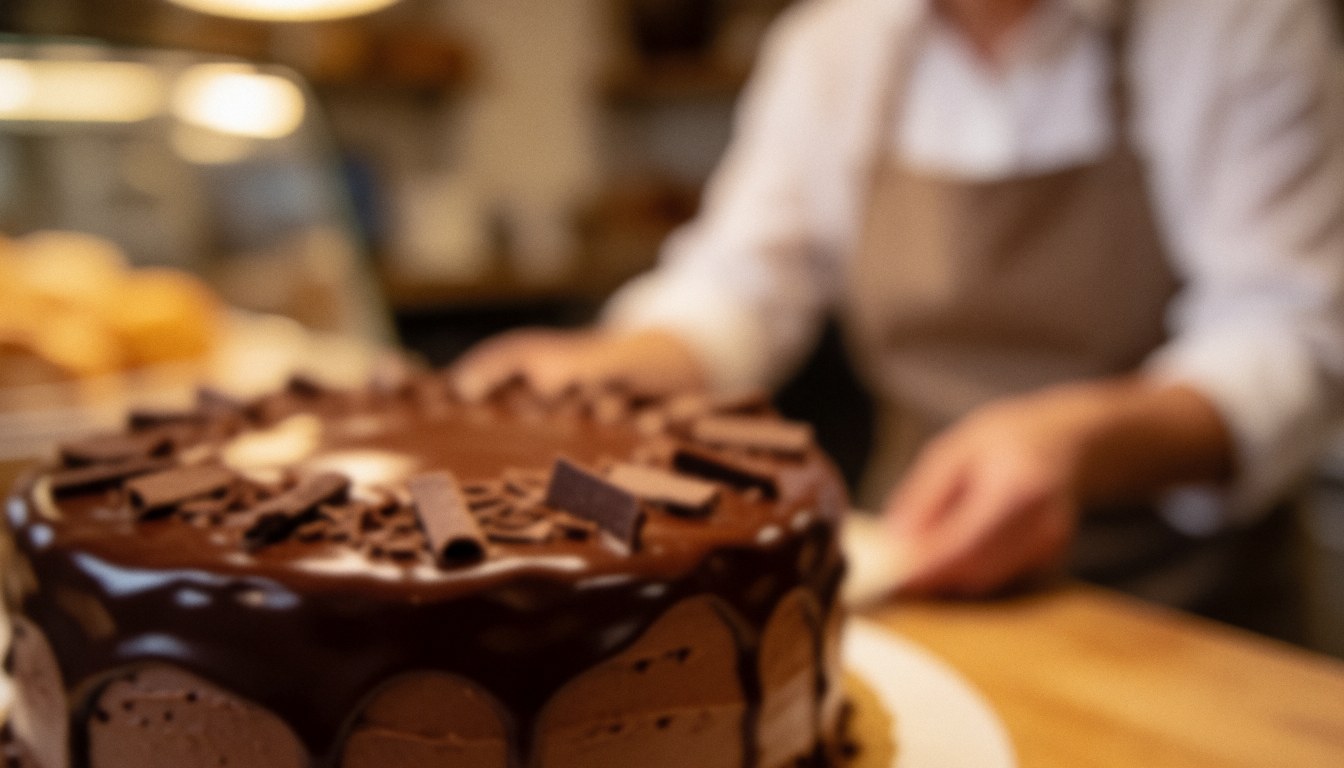 Chocolate cake topped with glossy ganache and sprinkles, set against a soft background with warm lighting, ideal for text overlay in a bakery setting.