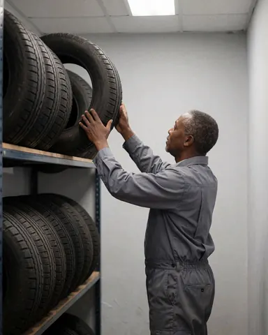 Mechanic places a tire on a storage rack in a bright, clean workshop with realistic professional lighting