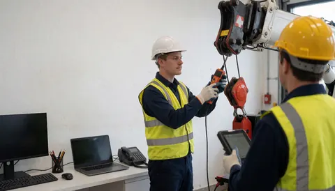 Technician inspecting crane arm with diagnostic tool, wearing helmet and reflective vest in well-lit workshop