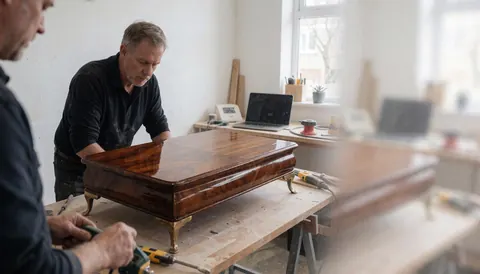 Shiny restored wooden table in a workshop with carpentry tools and white walls for furniture restoration.