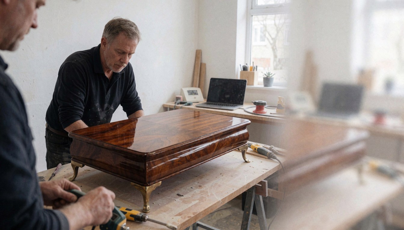 Shiny restored wooden table in a workshop with carpentry tools and white walls for furniture restoration.