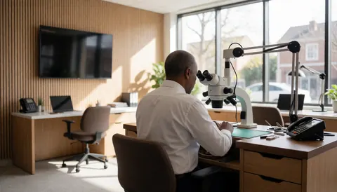 Watchmaker working with microscope in modern workshop with natural light and wooden walls