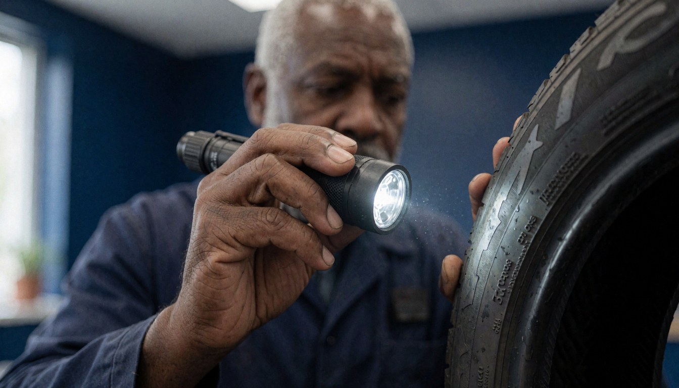 Mechanic in uniform examines a crack on the side of a tire using a flashlight in a workshop with blue walls.