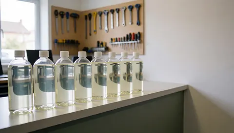 Rows of bicycle lubricant bottles arranged on a counter with a tool wall in the background for a bike repair website hero image