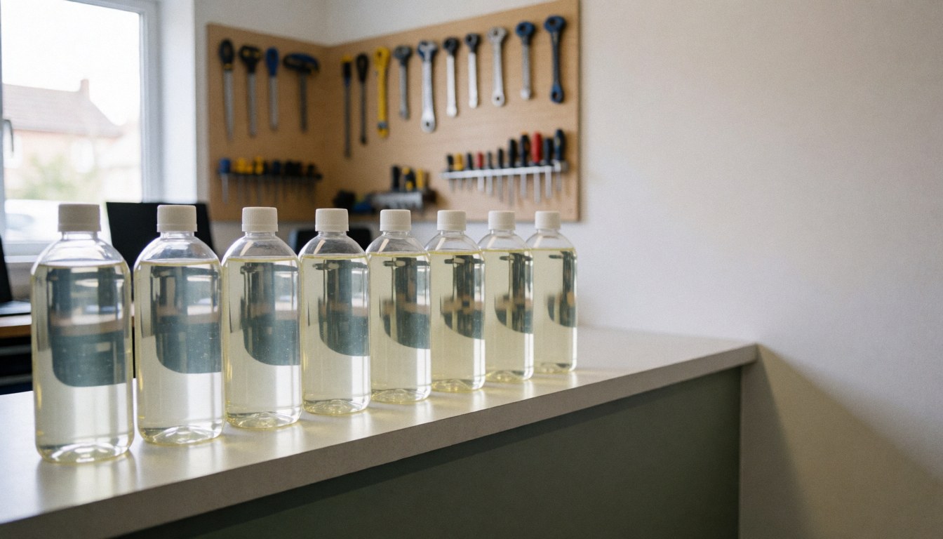 Rows of bicycle lubricant bottles arranged on a counter with a tool wall in the background for a bike repair website hero image