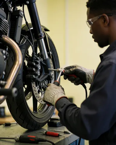 Mechanic wearing gloves and safety glasses adjusting motorcycle brakes in a clean workshop