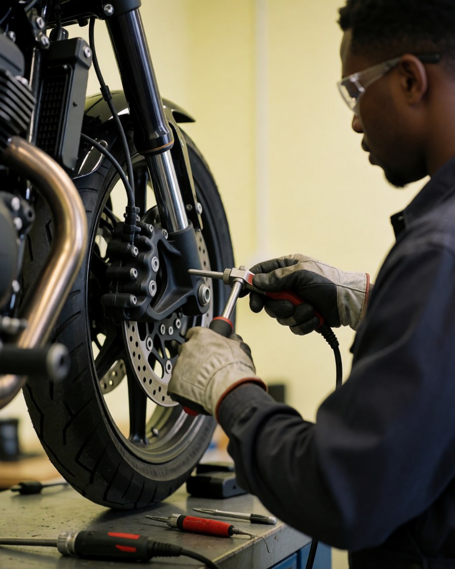 Mechanic wearing gloves and safety glasses adjusting motorcycle brakes in a clean workshop
