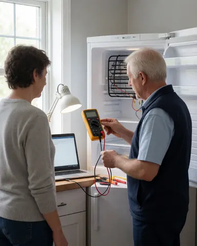 Technician uses a multimeter to test the defrost system in a freezer while a customer watches nearby.
