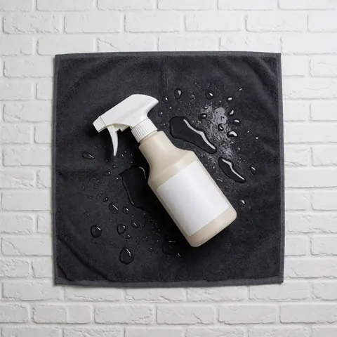 Unbranded cleaning spray bottle resting on a black microfiber towel with visible water droplets, suitable for car wash product displays