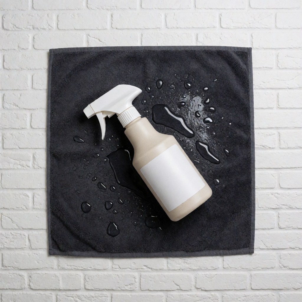 Unbranded cleaning spray bottle resting on a black microfiber towel with visible water droplets, suitable for car wash product displays
