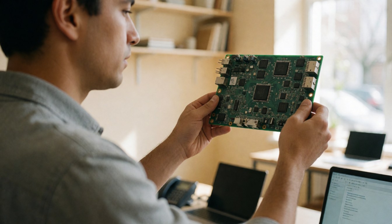 Technician checking a circuit board in a well-lit workshop with a laptop and phone in the background