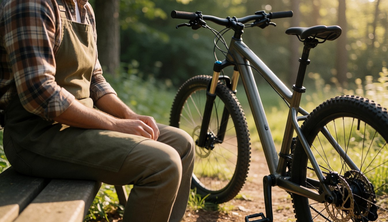 A mountain bike coach in work attire takes a break on a wooden bench beside their bike in a sunlit forest clearing