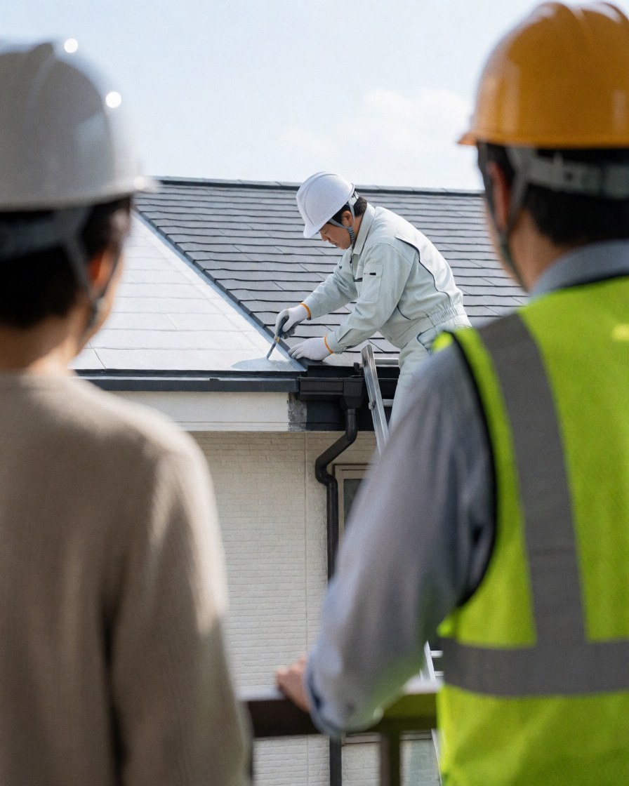 Technician in white uniform applying sealant on a house roof while a client observes from a balcony, wearing safety helmet and vest for solar repair work