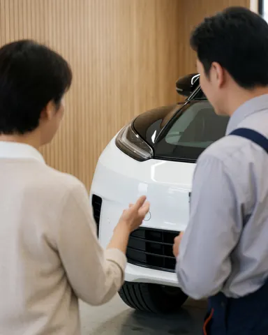A satisfied client points to a freshly installed white bumper while a technician reviews the work in a clean, modern auto repair shop with wood walls.